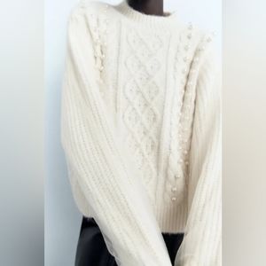 NWT ZARA Oversized Wool Blend Mixed Tulle & Pearl Knit Ecru White Sweater L - XL